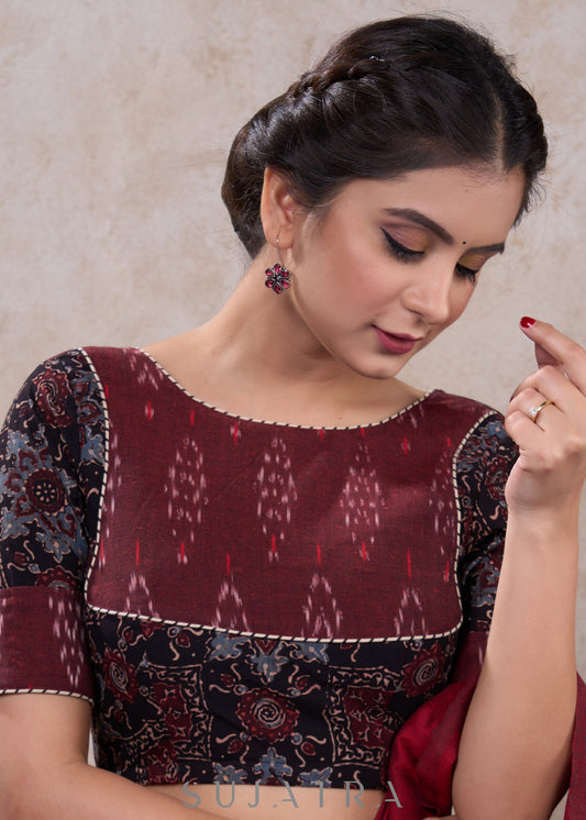 Stylish black cotton ajrakh blouse with ikat combination