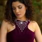 Trendy wine velvet blouse highlighted with pearl design on the neck