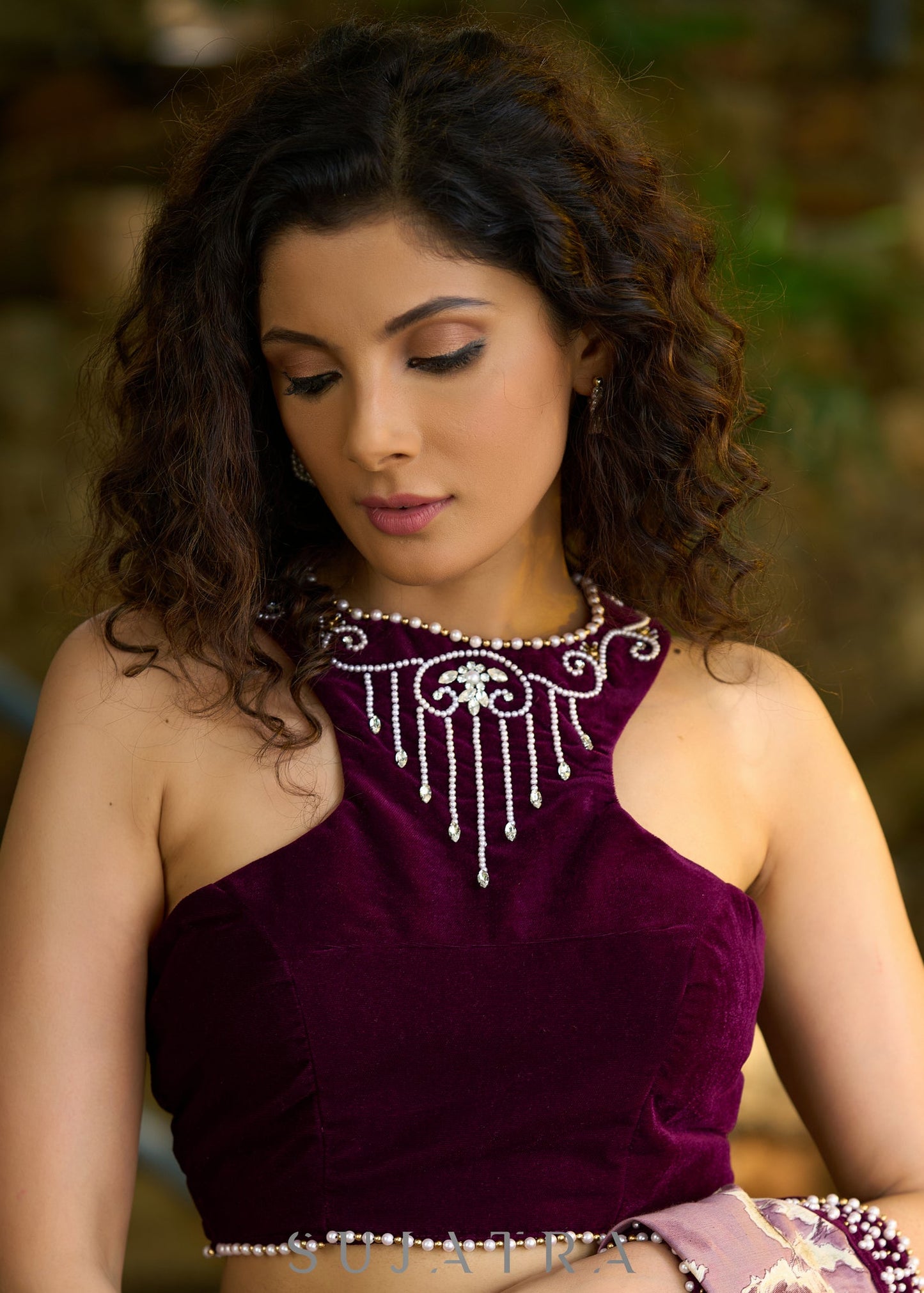 Trendy wine velvet blouse highlighted with pearl design on the neck