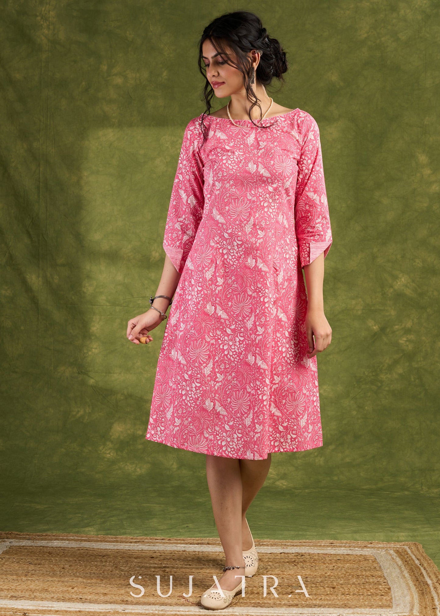 Pink Floral Cotton Dress - Playful Pink Dress With Intricate White Floral Patterns