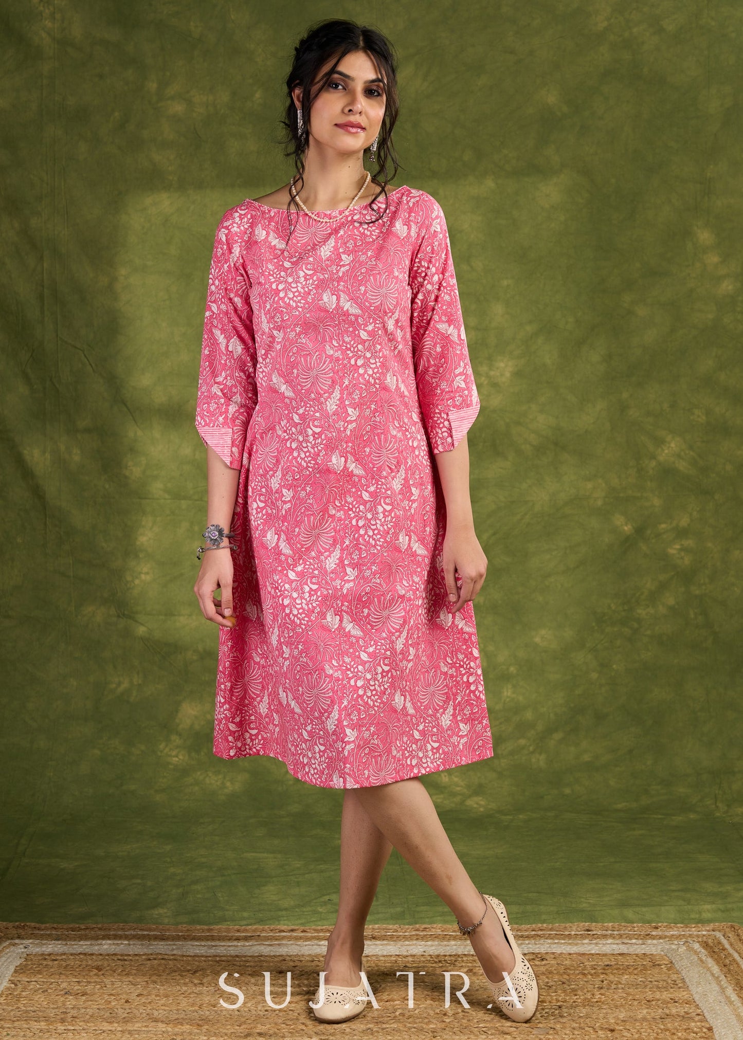 Pink Floral Cotton Dress - Playful Pink Dress With Intricate White Floral Patterns