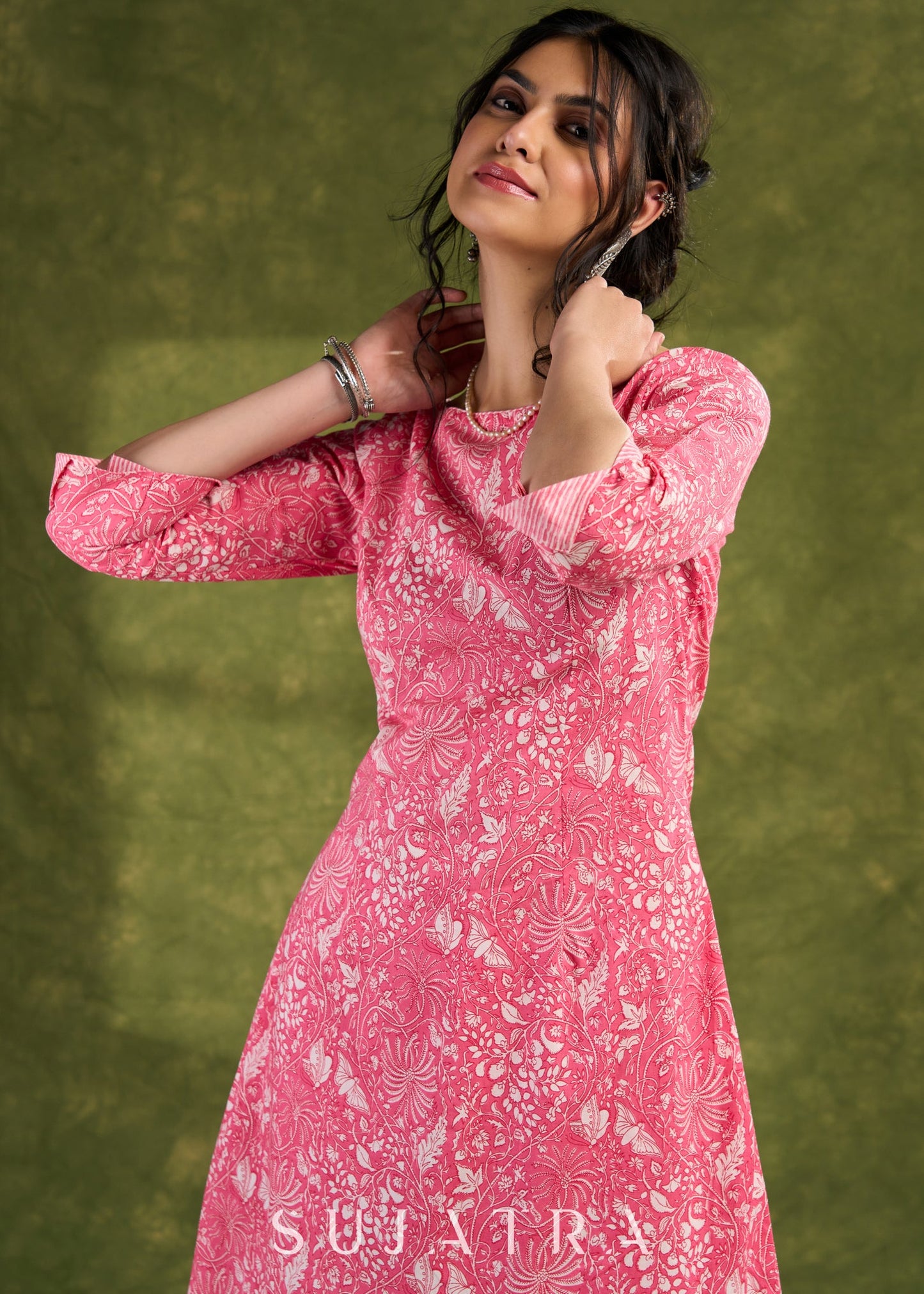 Pink Floral Cotton Dress - Playful Pink Dress With Intricate White Floral Patterns