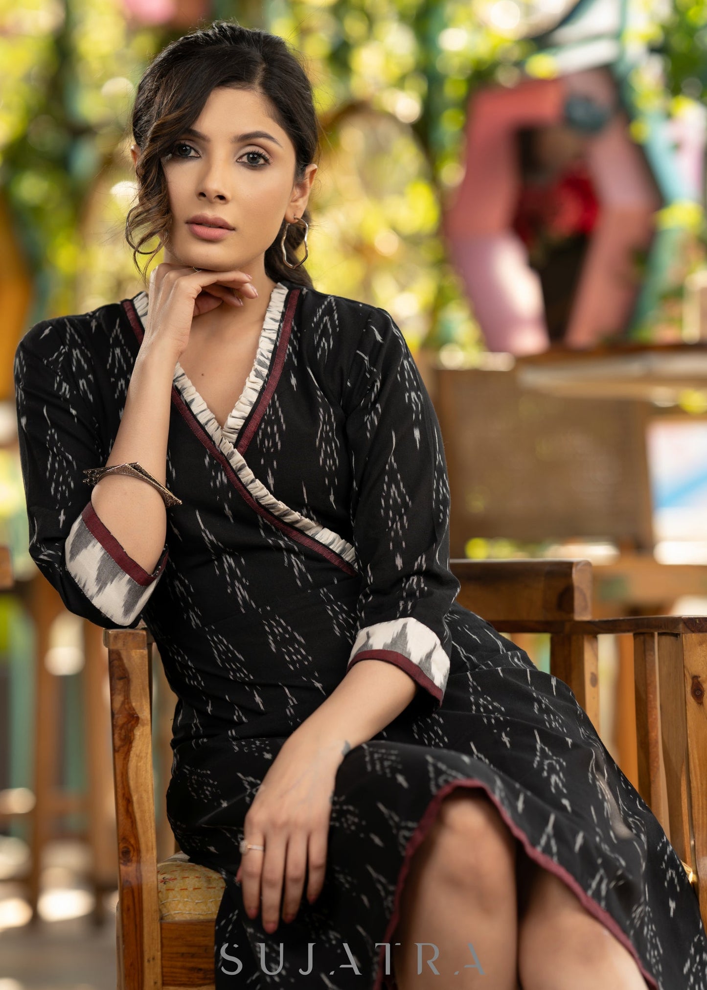 Trendy black cotton ikat dress highlighted with ikat gathering on yoke