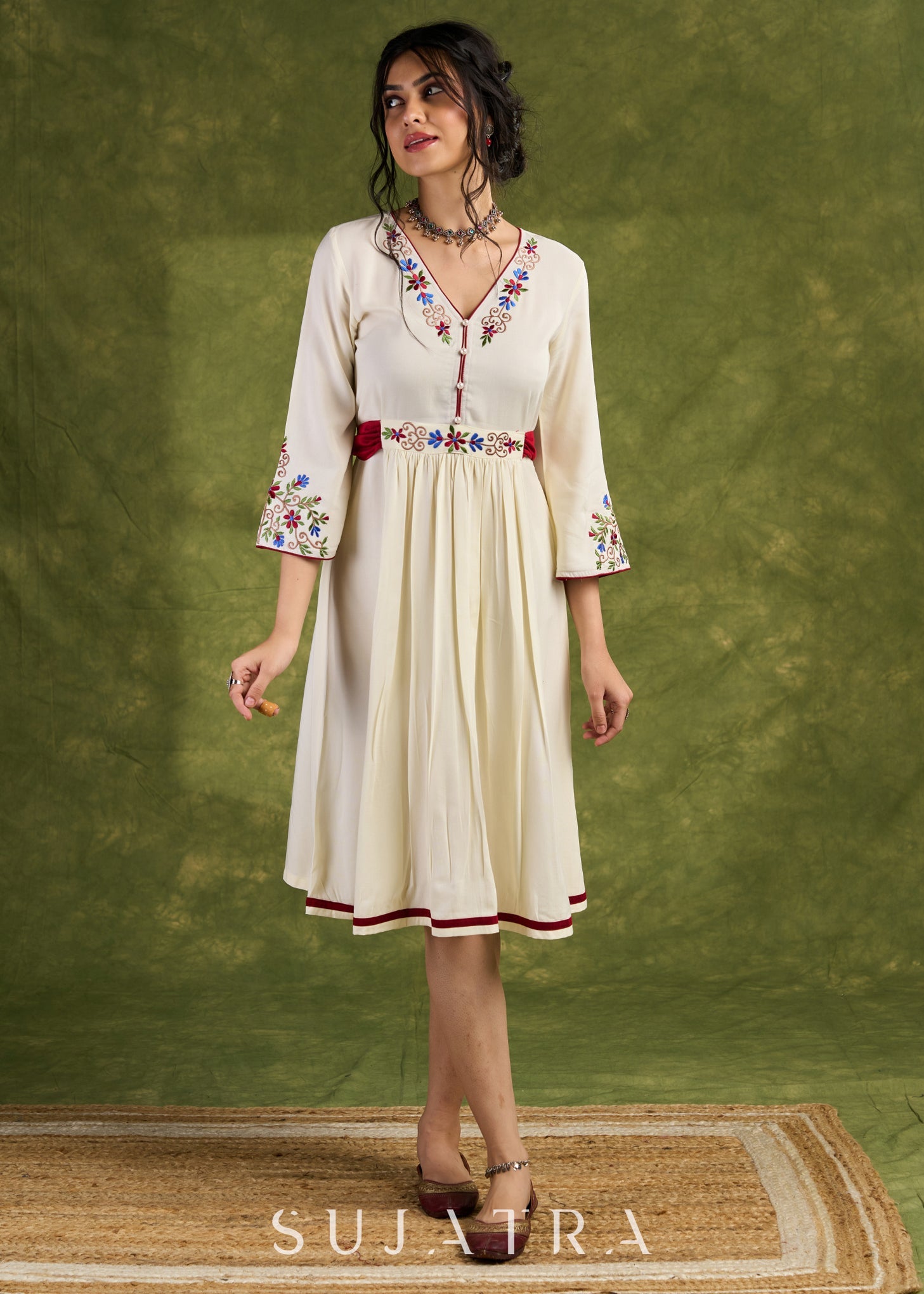 Ivory Embroidered Rayon Dress, Graceful Ivory Dress Adorned With Colourful Floral Embroidery