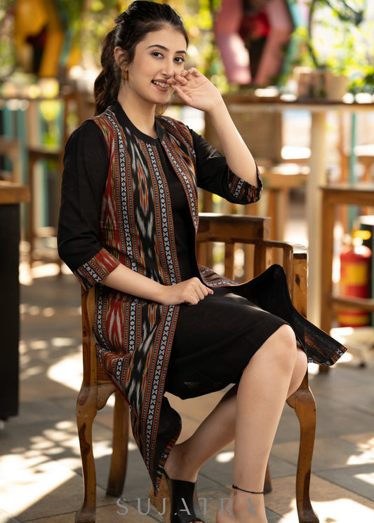 Classy black cotton dress with trendy ikat sleeveless long shrug