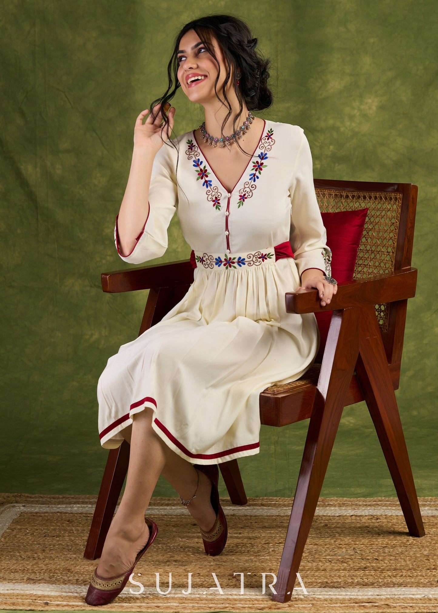 Ivory Embroidered Rayon Dress, Graceful Ivory Dress Adorned With Colourful Floral Embroidery