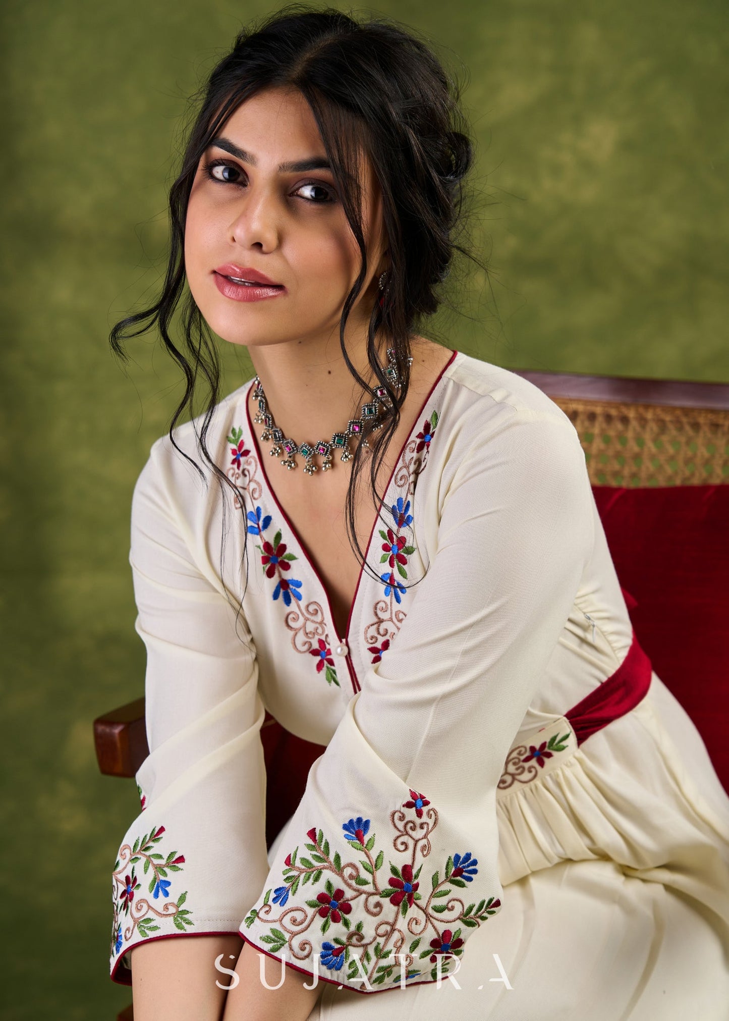 Ivory Embroidered Rayon Dress, Graceful Ivory Dress Adorned With Colourful Floral Embroidery