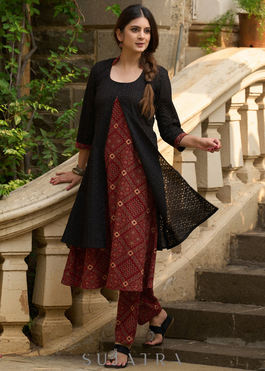 Elegant black hakoba & ajrakh jacket-style kurta - Ajrakh pants Optional