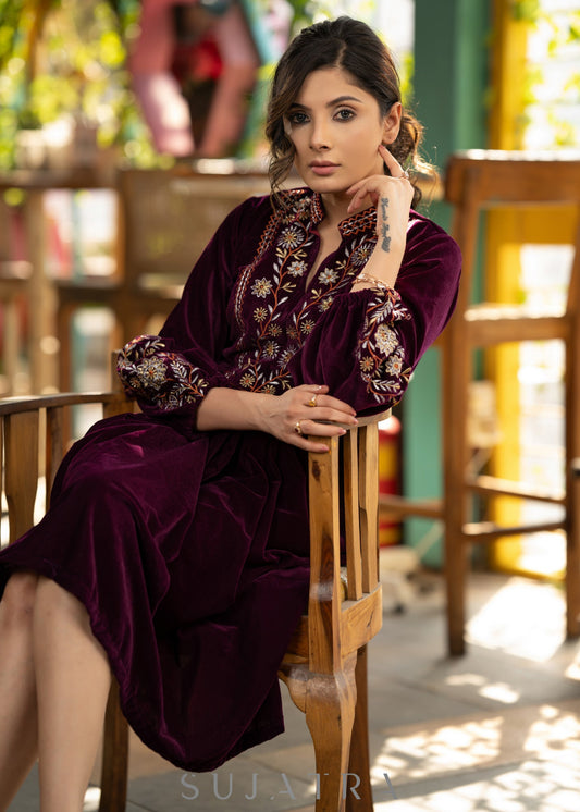 Classy wine velvet dress with beautiful floral embroidered yoke