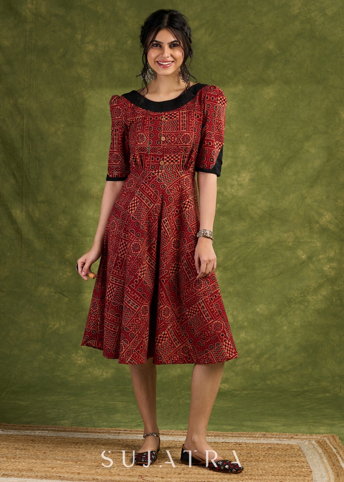 Rust Red Ajrakh Block Printed Dress. Bold &Beautiful With Geometric Pattern Cotton Dress