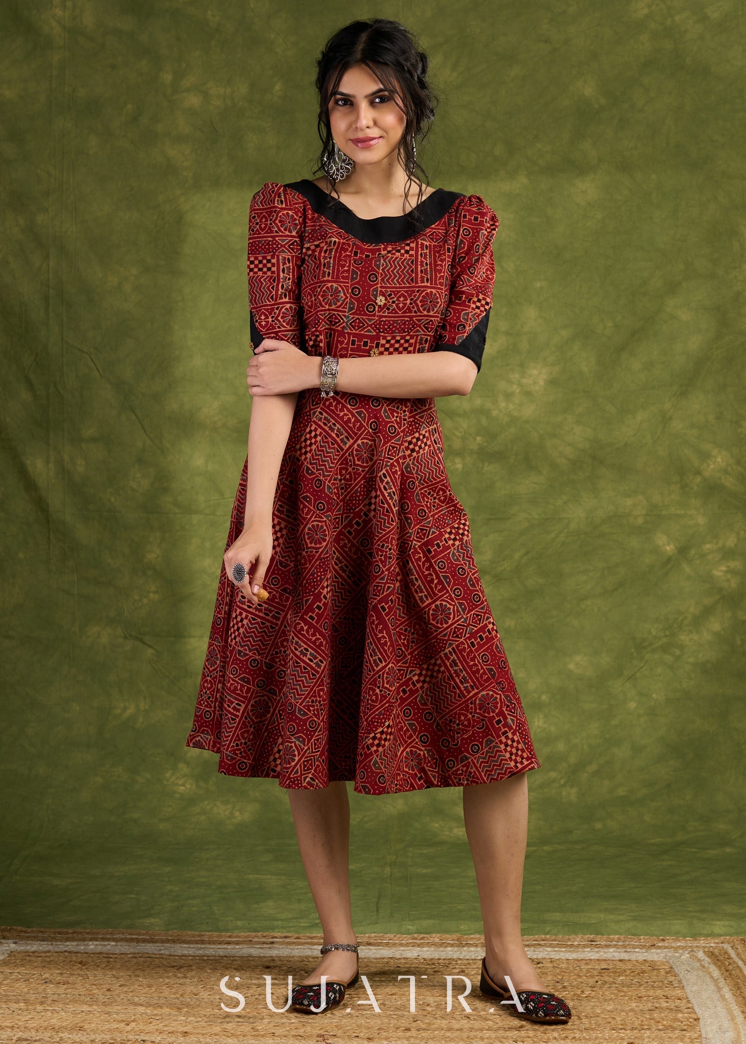 Rust Red Ajrakh Block Printed Dress. Bold &Beautiful With Geometric Pattern Cotton Dress