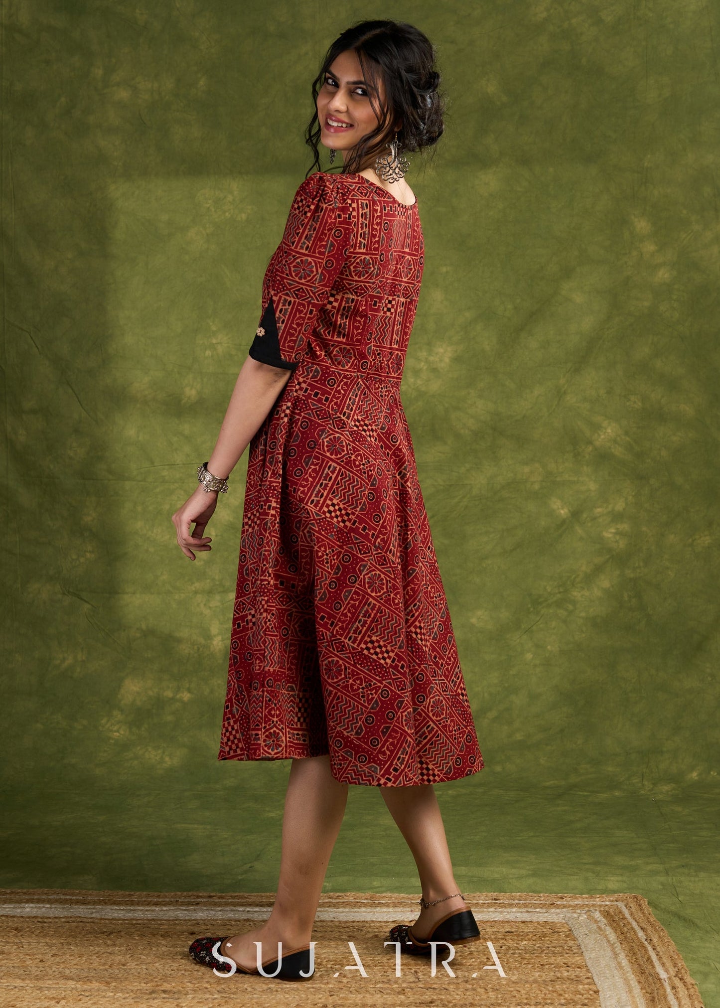 Rust Red Ajrakh Block Printed Dress. Bold &Beautiful With Geometric Pattern Cotton Dress