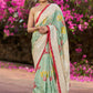 Stylish pista green pure tussar silk printed saree with lucknowi work on border & pallu