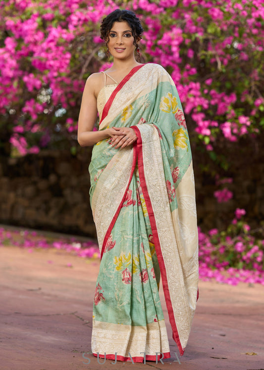 Stylish pista green pure tussar silk printed saree with lucknowi work on border & pallu