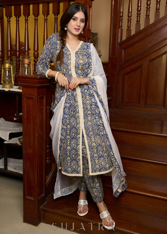 Navy blue block printed cotton kurta for everyday comfort, paired with matching pants - Dupatta optional