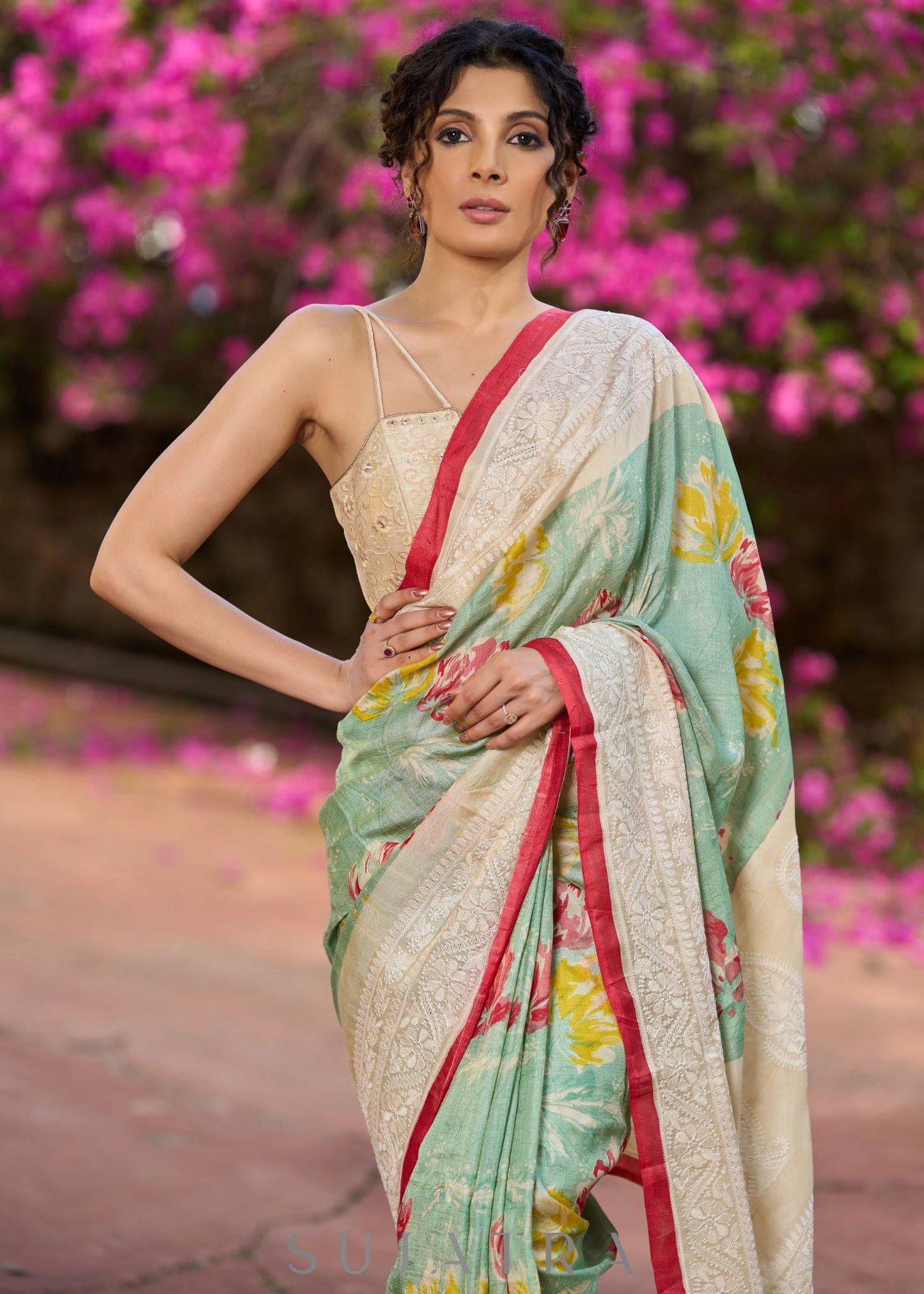 Stylish pista green pure tussar silk printed saree with lucknowi work on border & pallu