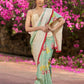 Stylish pista green pure tussar silk printed saree with lucknowi work on border & pallu