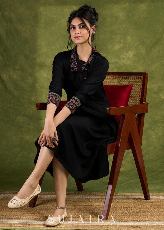 Black Collared Dress. Sophisticated Black Rayon Dress With Printed Collar And Cuffs