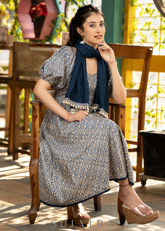 Stylish navy blue striped rayon flared dress paired with matching stole