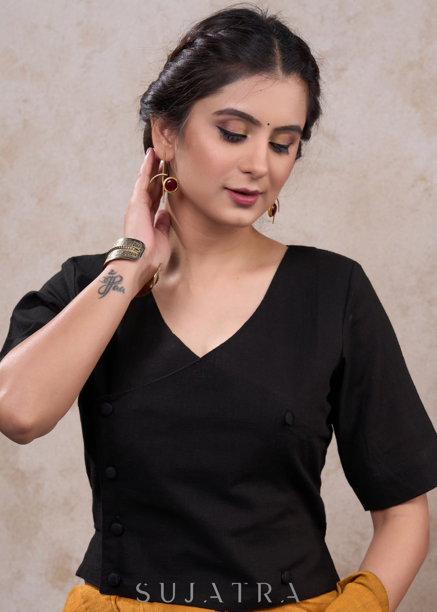 Classy black cotton top style overlap patterned bloluse