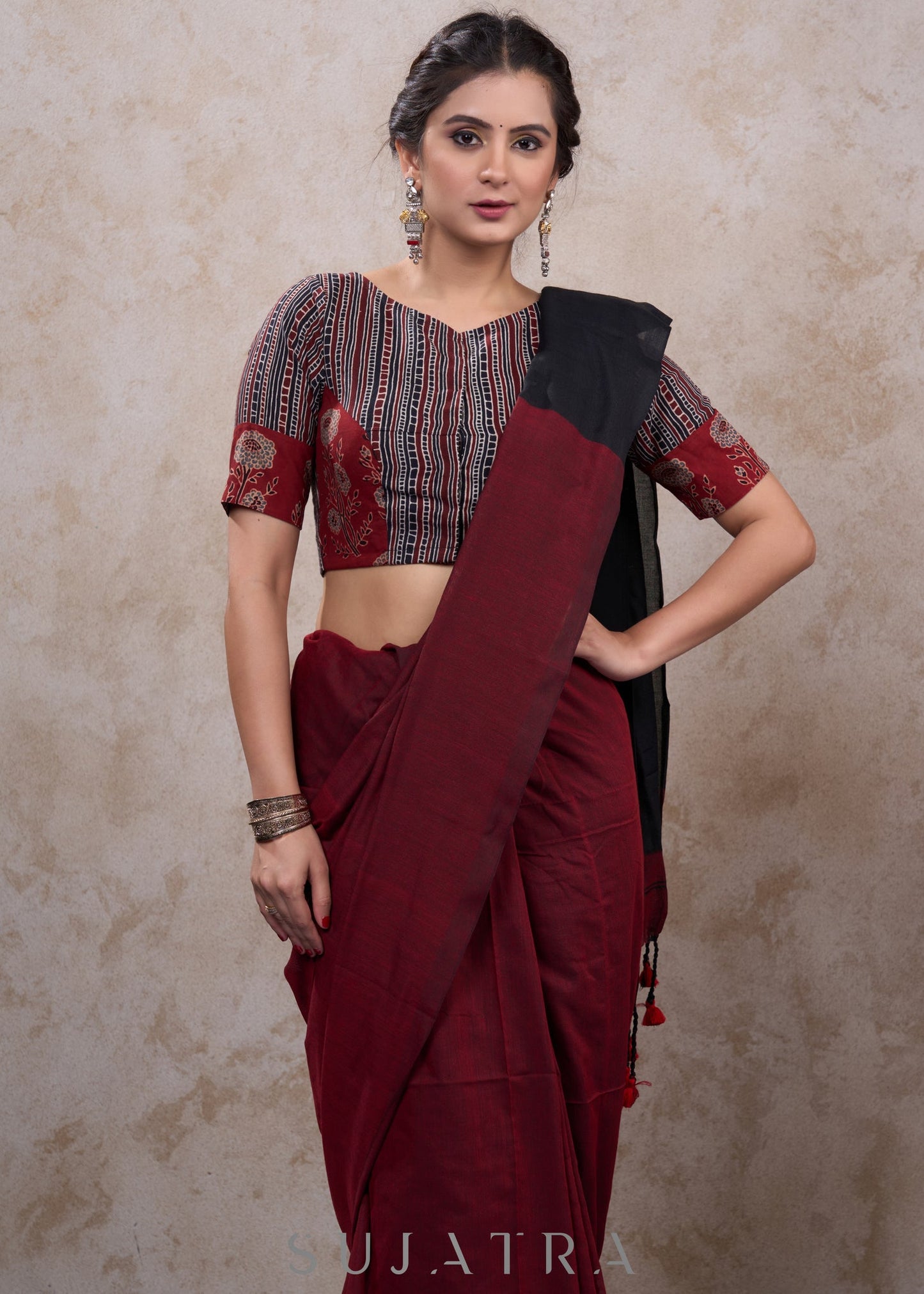 Trendy maroon cotton ajrakh combination blouse