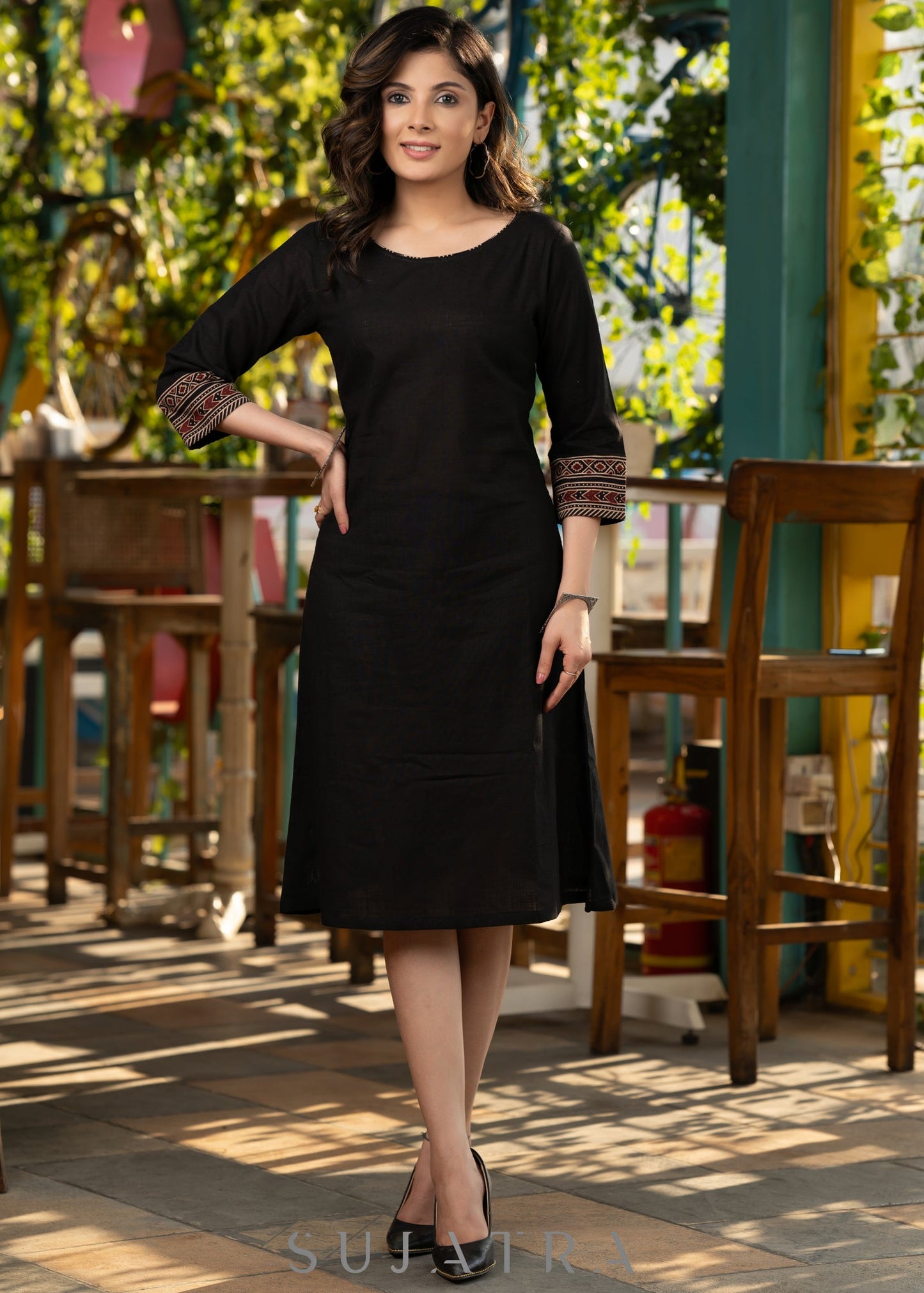 Elegant Black cotton dress with stylish ajrakh long shrug