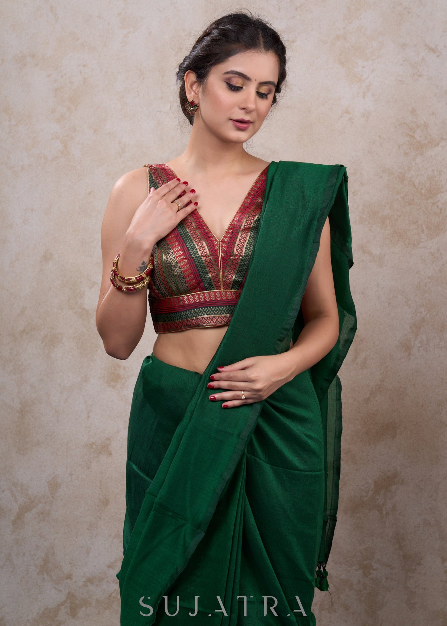 Elegant green & red brocade sleeveless blouse