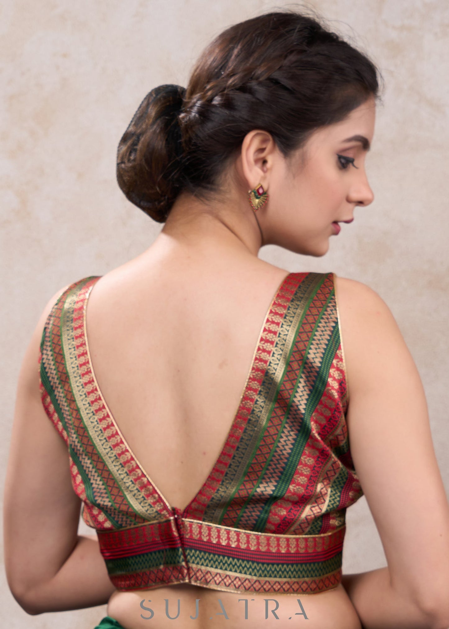 Elegant green & red brocade sleeveless blouse