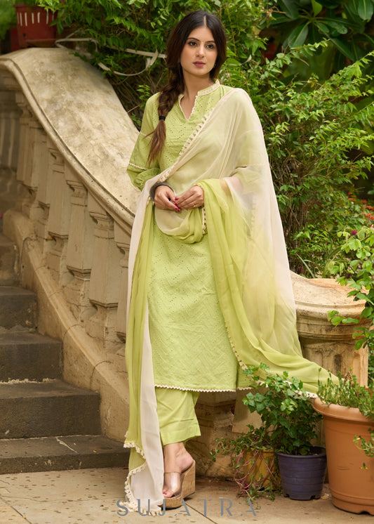 Refreshingly elegant pista hakoba cotton kurta with matching Pants - Dupatta Optional