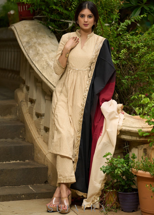 Classic beige self-textured Kurta paired with matching Pants - Dupatta Optional