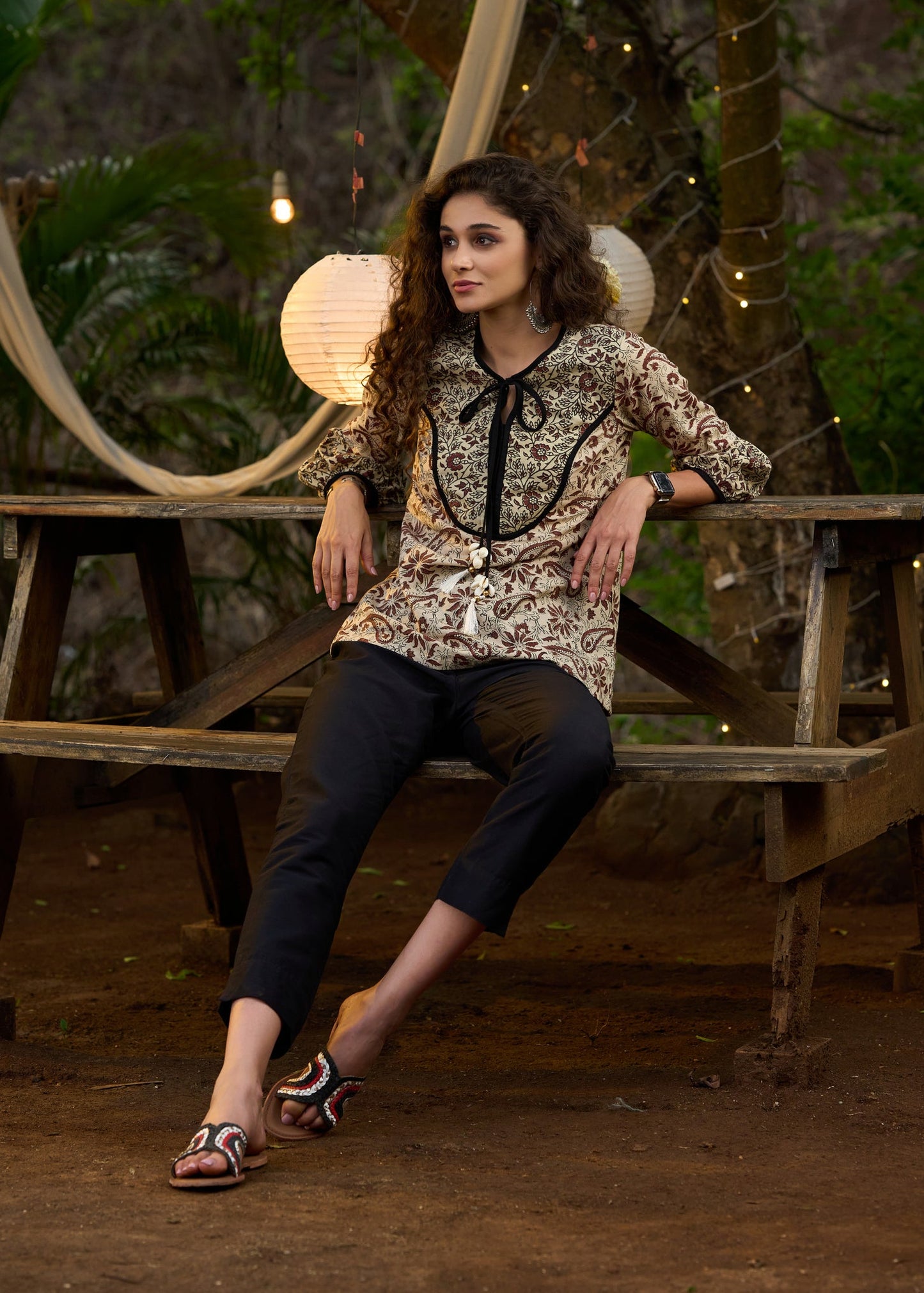 Casual Off-white & brown printed top with front tie-ups- Pant optional