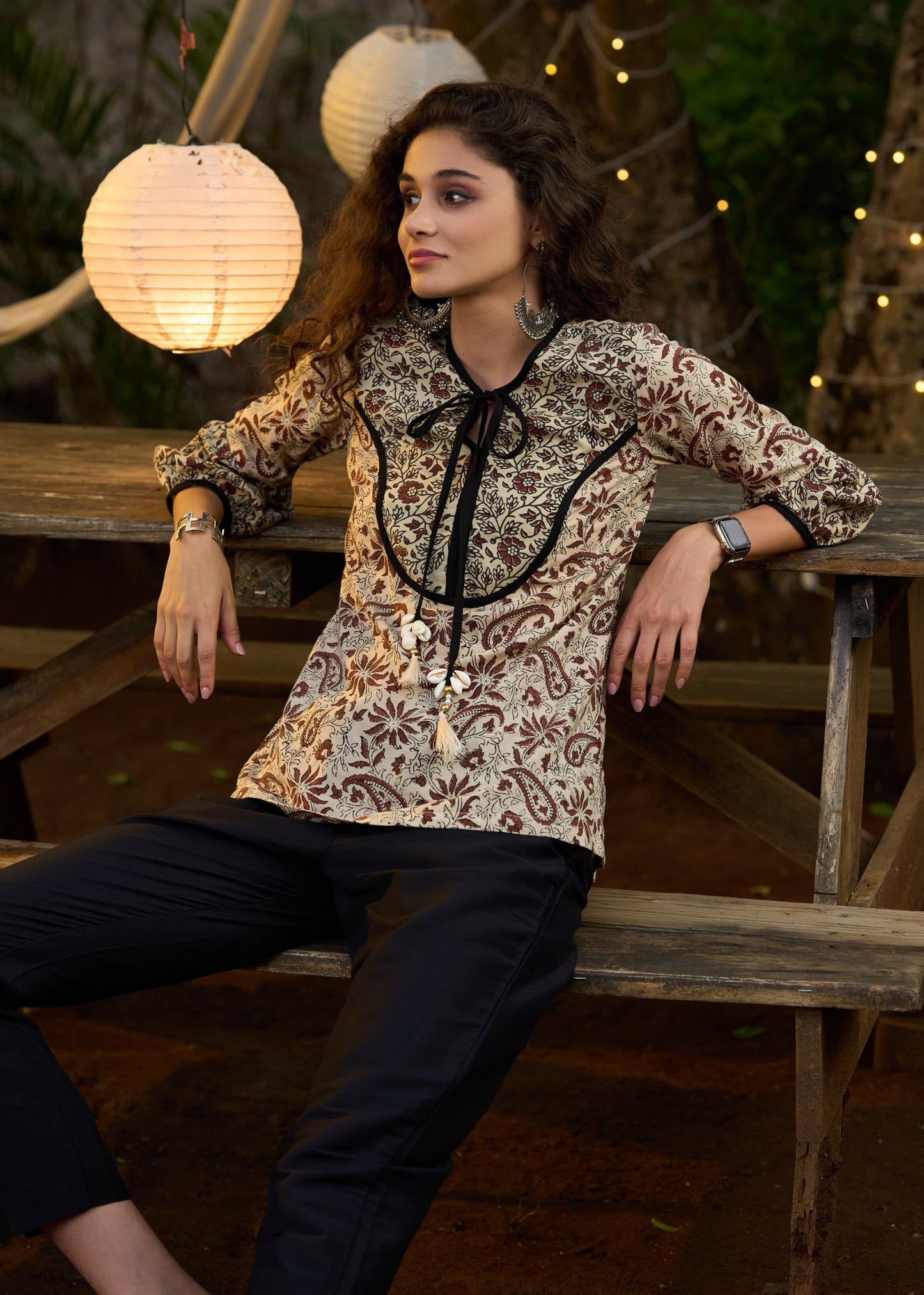 Casual Off-white & brown printed top with front tie-ups- Pant optional