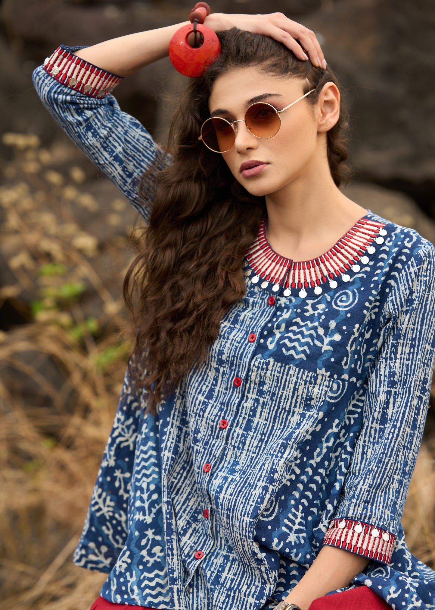 Indigo mix & match top with necklace embroidery- Pant optional