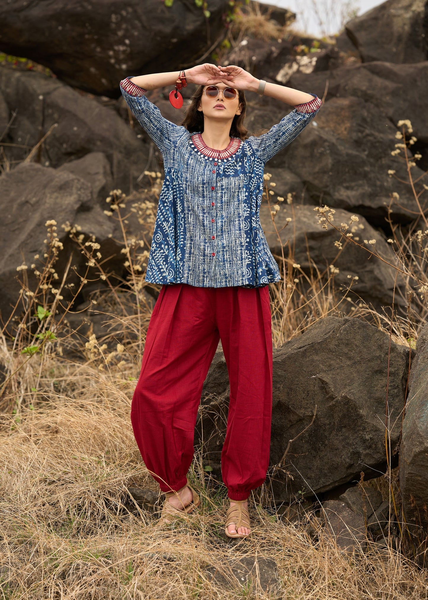 Indigo mix & match top with necklace embroidery- Pant optional