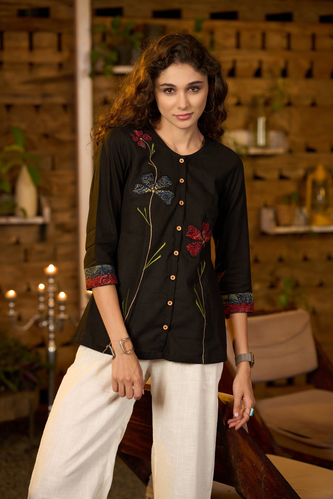 Trendy Black cotton top with floral applique work -Pant optional