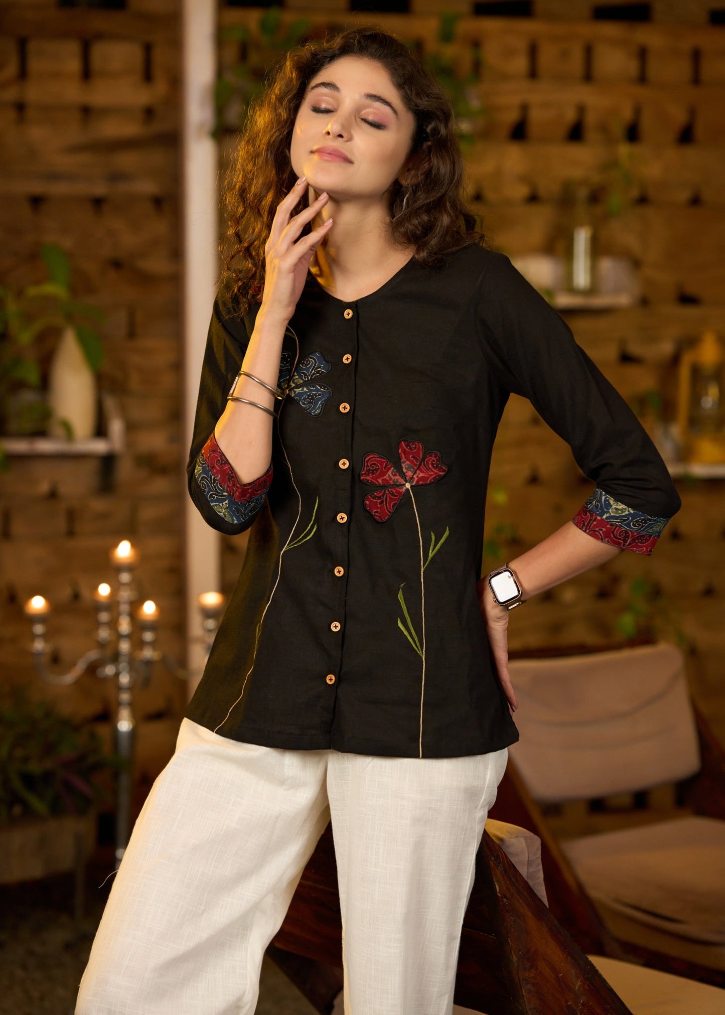 Trendy Black cotton top with floral applique work -Pant optional