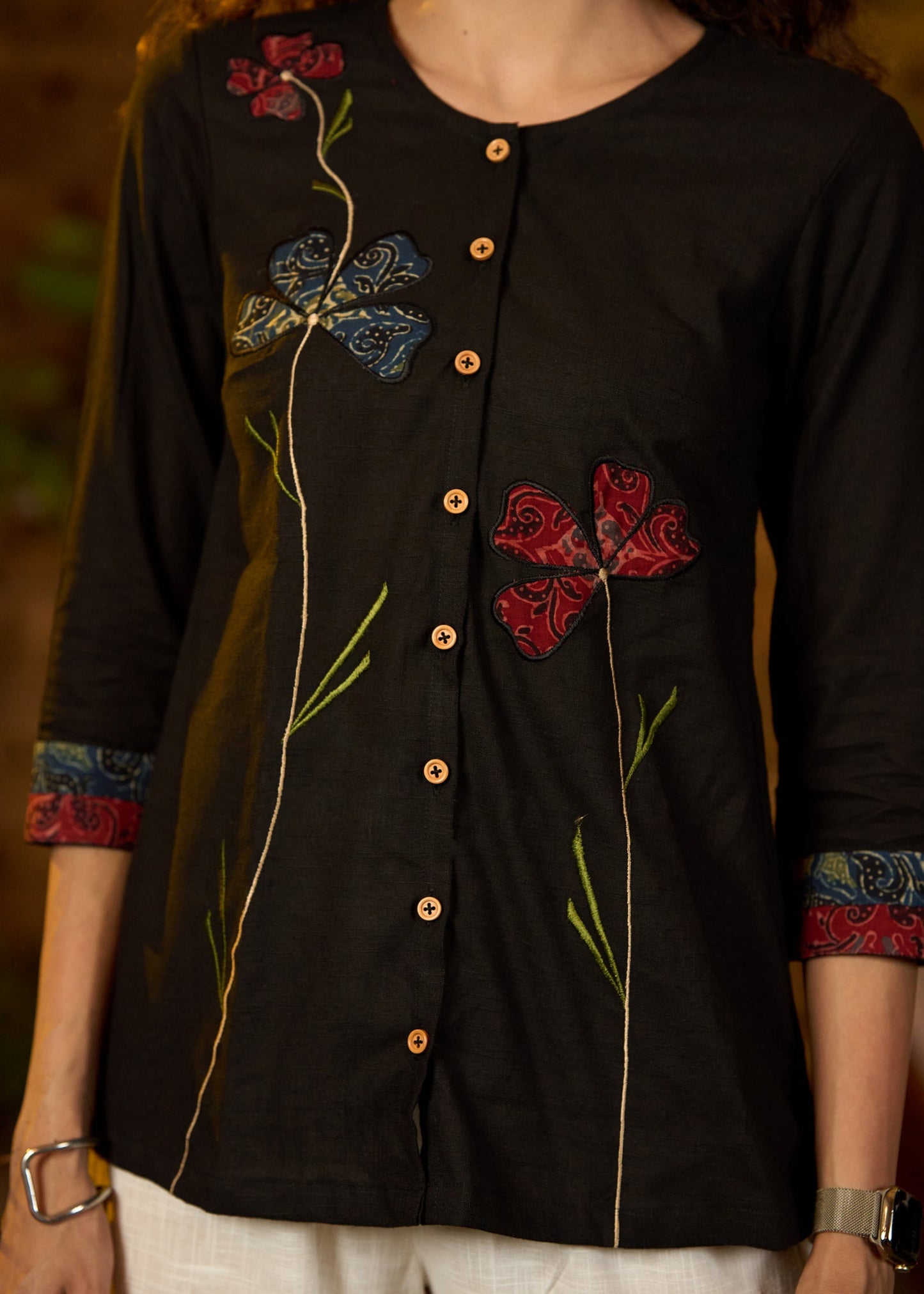 Trendy Black cotton top with floral applique work -Pant optional