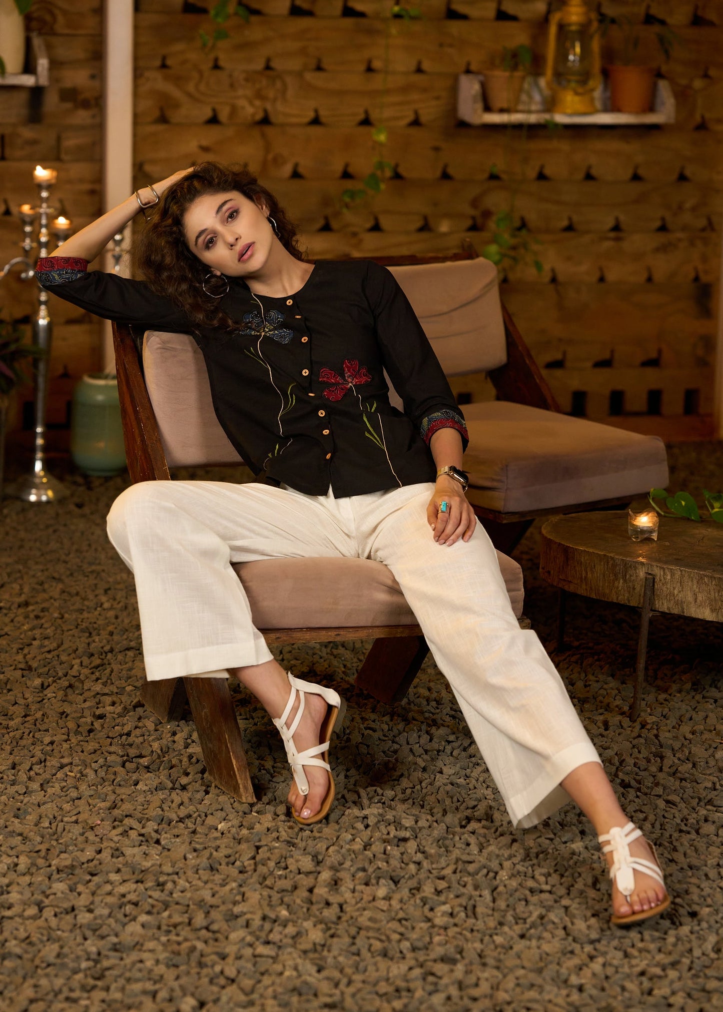 Trendy Black cotton top with floral applique work -Pant optional