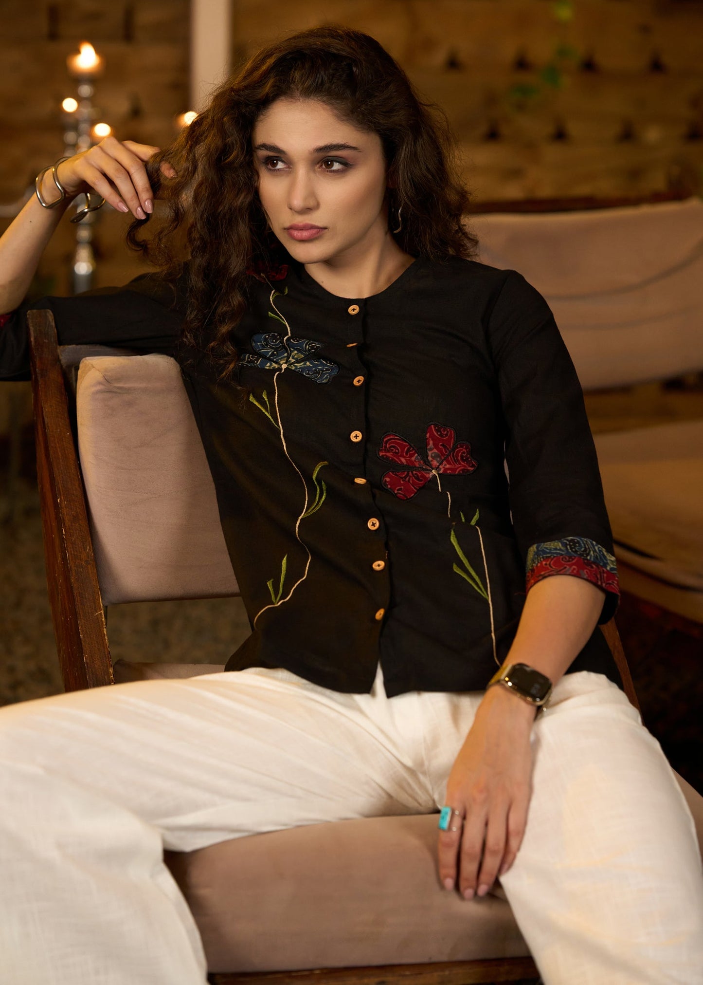 Trendy Black cotton top with floral applique work -Pant optional