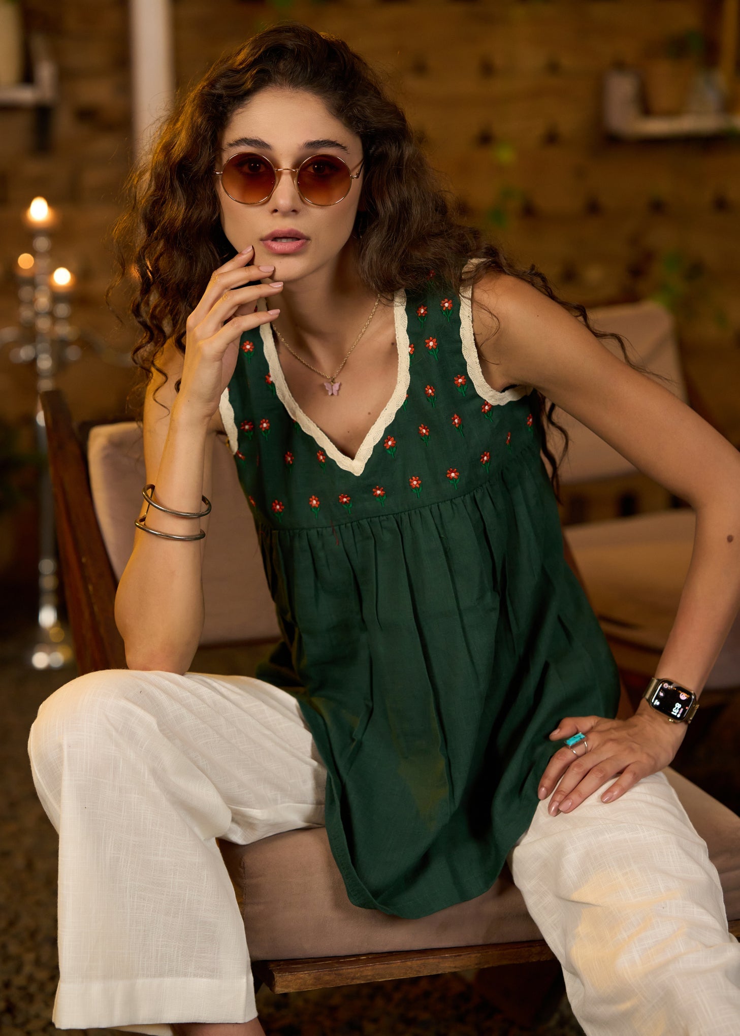 Sleeveless forest green top with embroidery-Pant optional