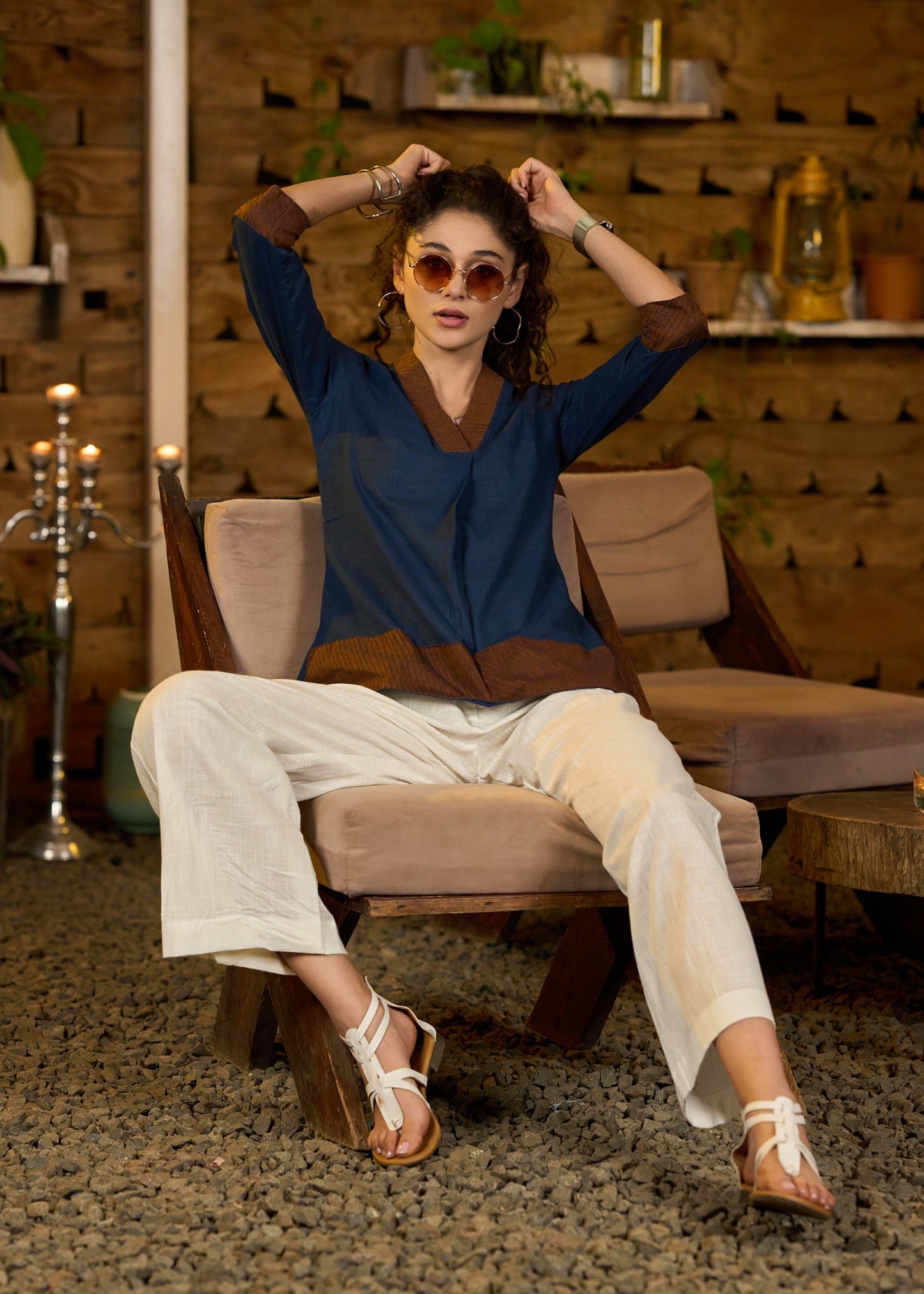 Classy Navy blue & rust cotton top with threadwork - Pant optional