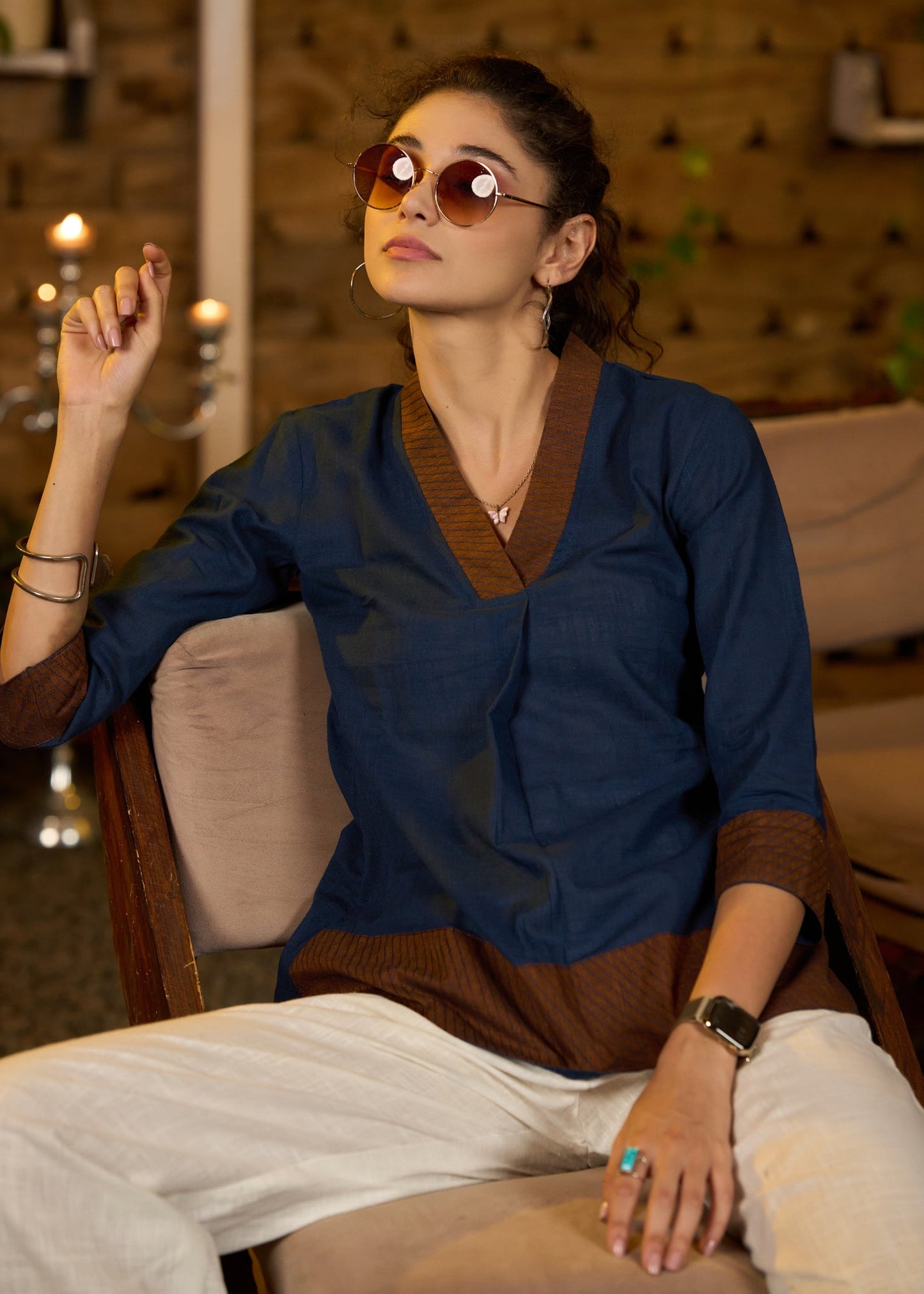 Classy Navy blue & rust cotton top with threadwork - Pant optional