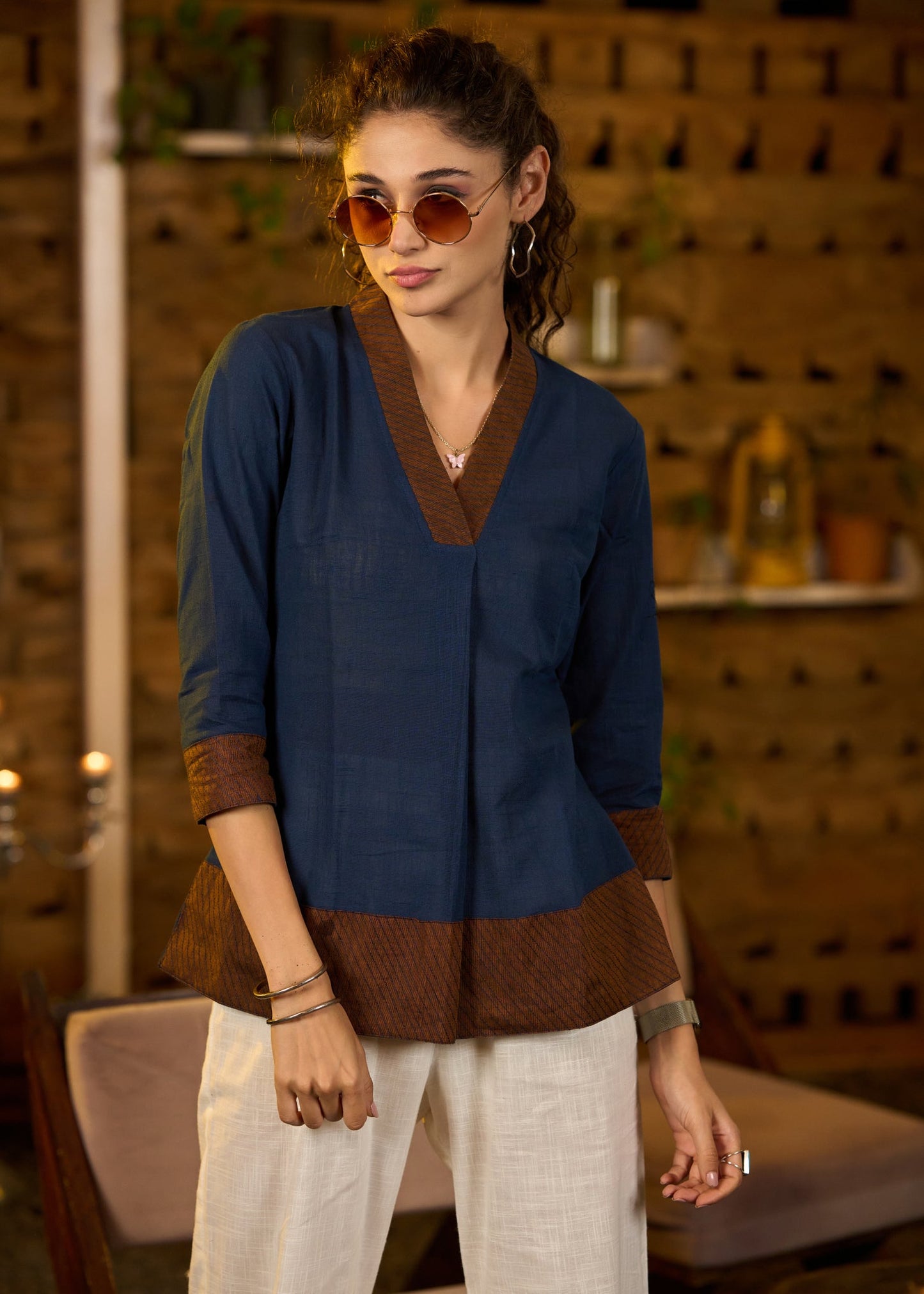 Classy Navy blue & rust cotton top with threadwork - Pant optional