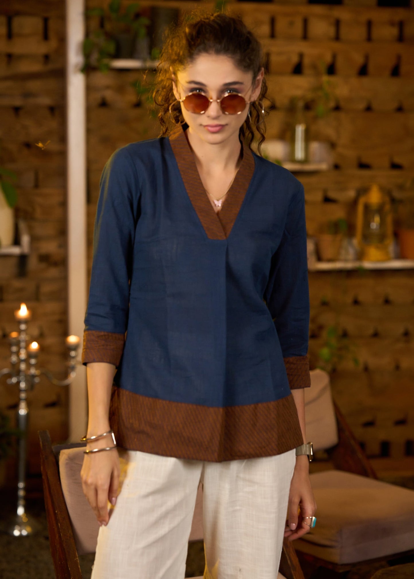 Classy Navy blue & rust cotton top with threadwork - Pant optional