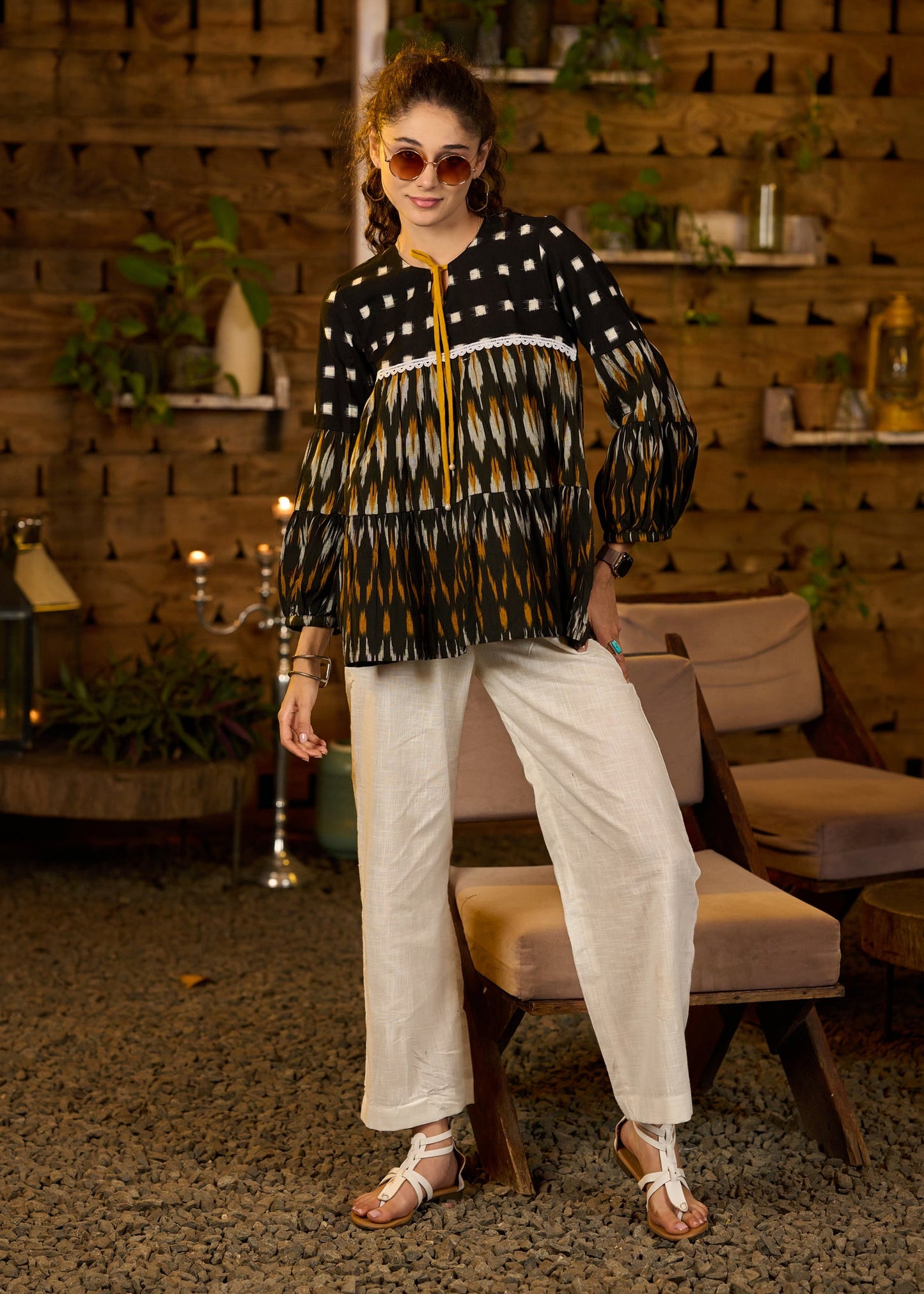 Black & Mustard ikat tiered top with front tie-ups - Pant optional