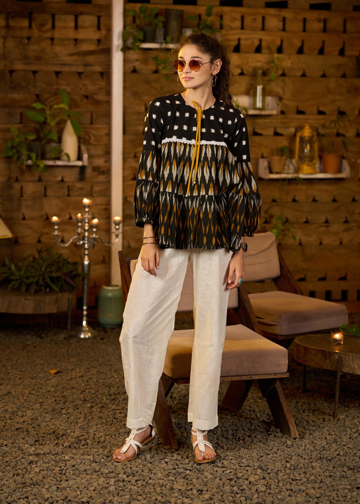 Black & Mustard ikat tiered top with front tie-ups - Pant optional