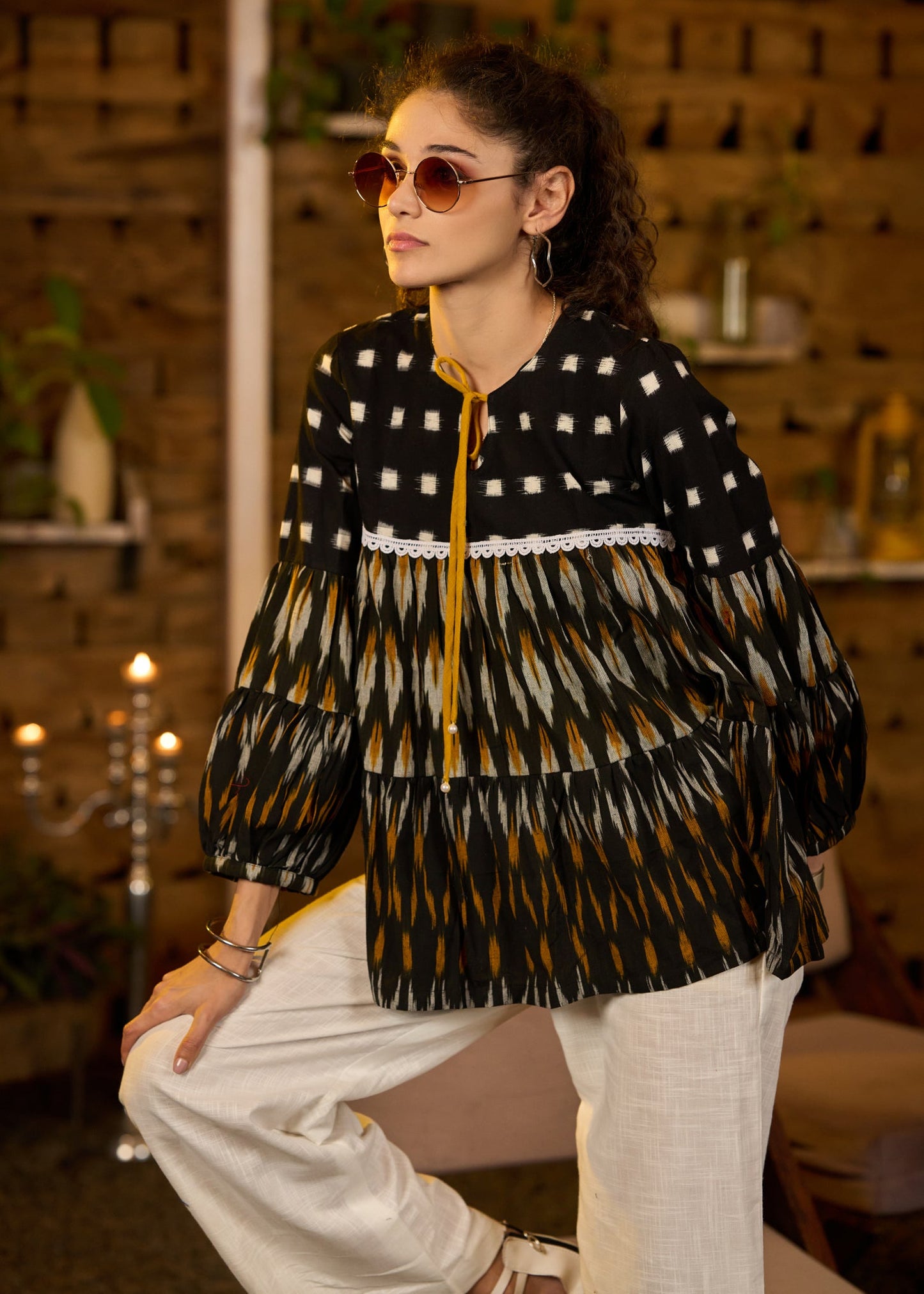 Black & Mustard ikat tiered top with front tie-ups - Pant optional