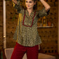 Mehendi green bandhani print top with embroidered yoke