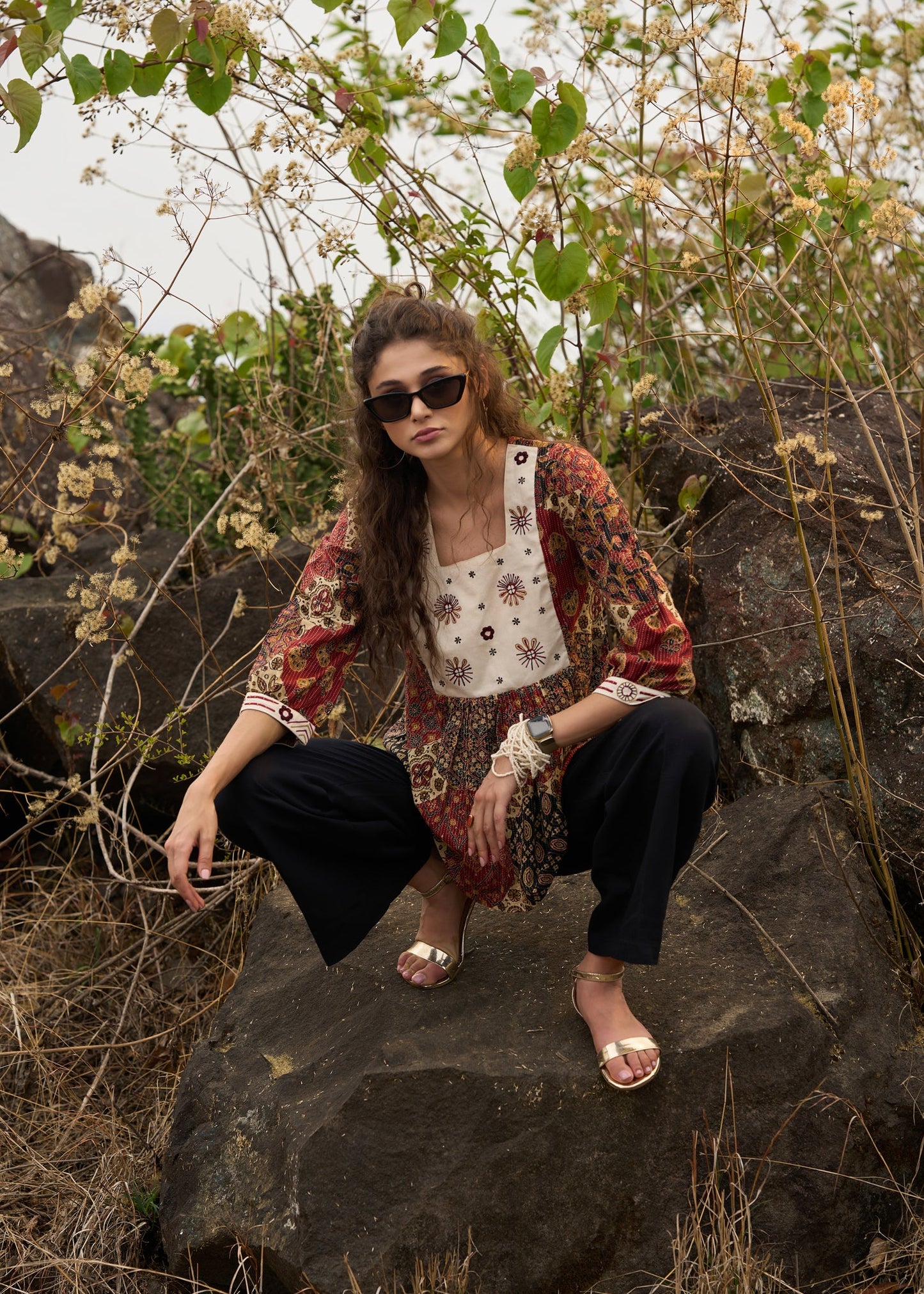 Stylish Printed kantha top  with off white embroidered yoke - pant optional