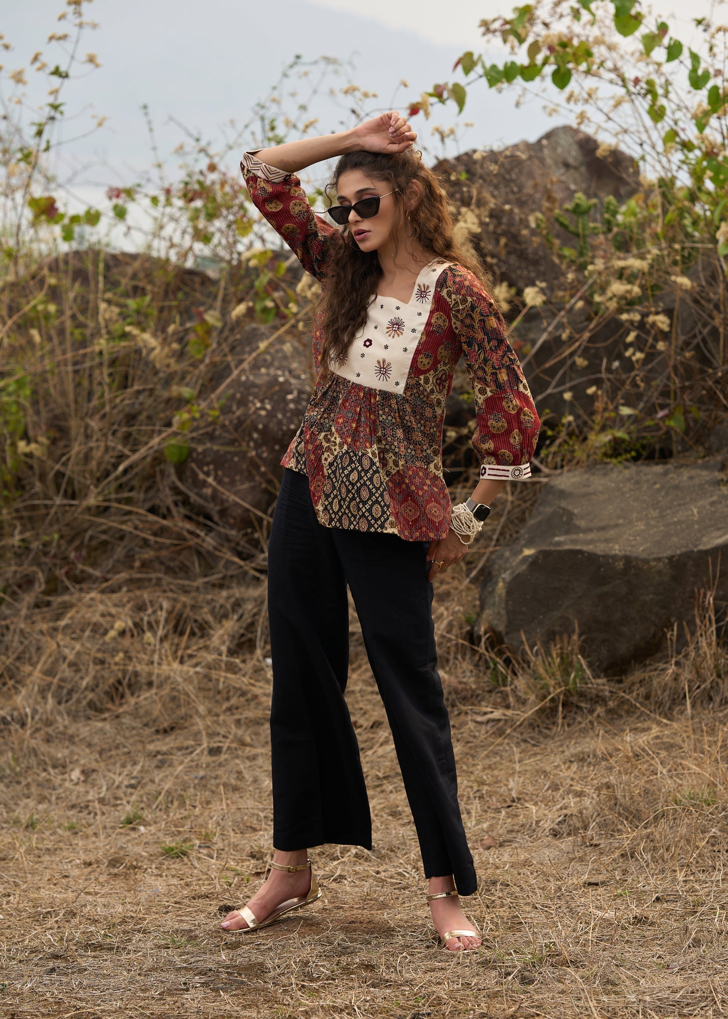 Stylish Printed kantha top  with off white embroidered yoke - pant optional